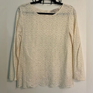 Loft Womens Ivory Lace Blouse Scalloped Bottom Gold Buttons Down Back Medium